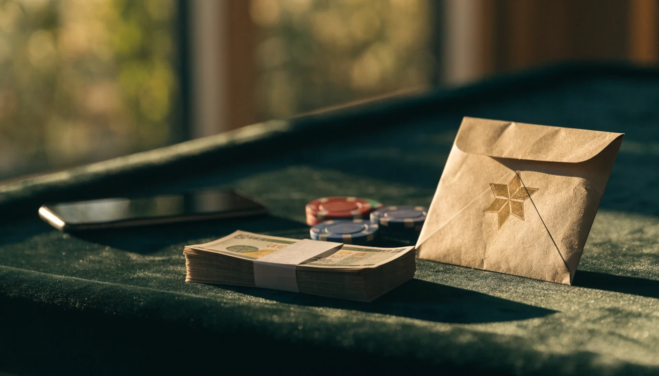 Casinochips, eurobiljetten en een gesloten envelop op een groene speeltafel