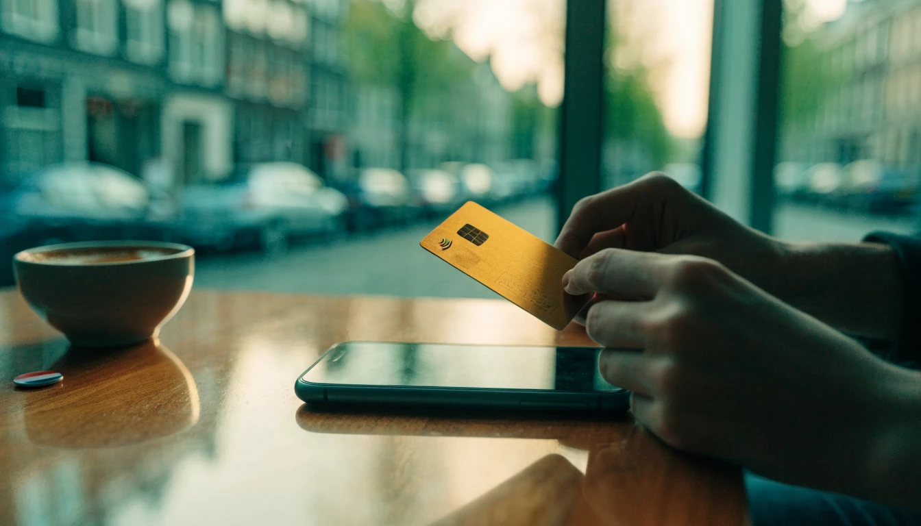Handen houden een Mastercard bij een smartphone in een Amsterdamse woonkamer