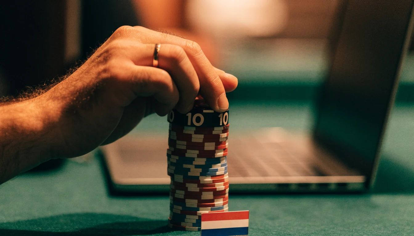 Nederlandse hand legt fiche op casinotafel naast laptop