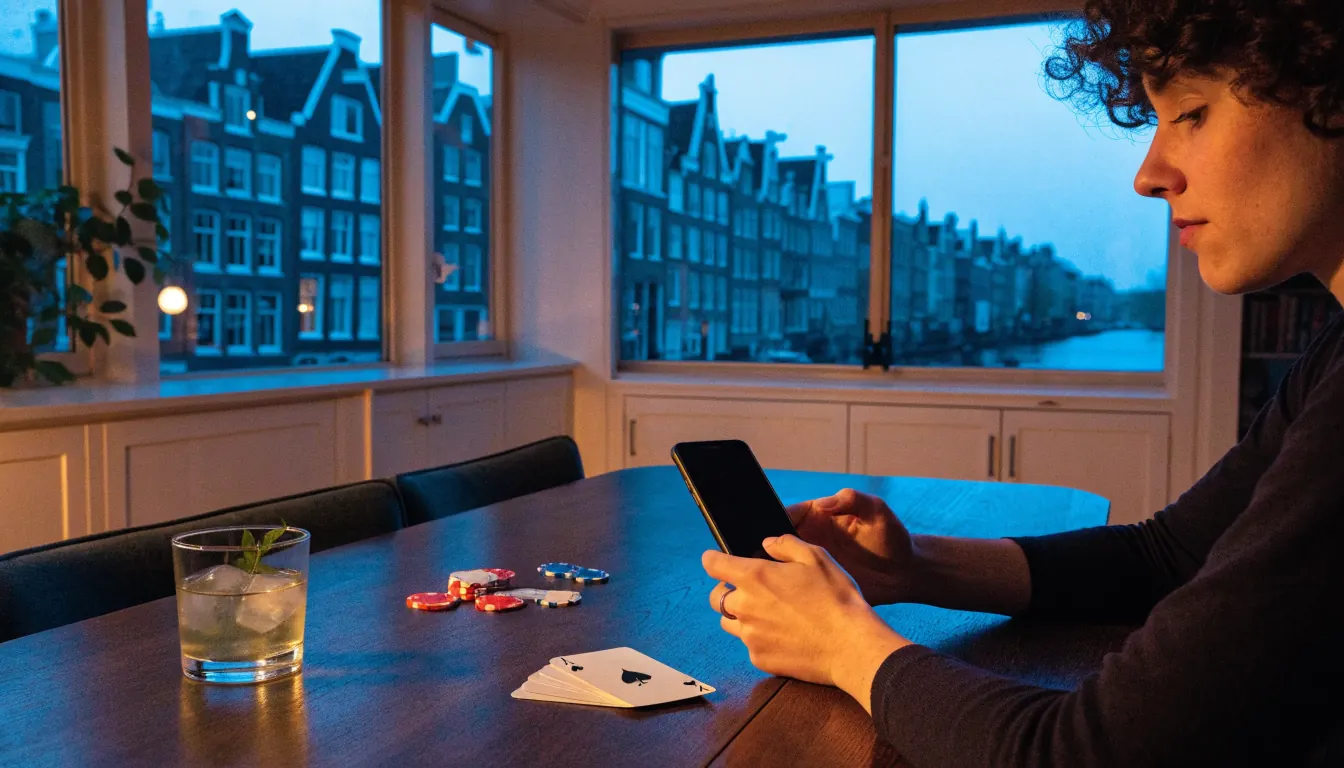 Persoon met smartphone in modern Nederlands interieur met casinospelattributen op tafel