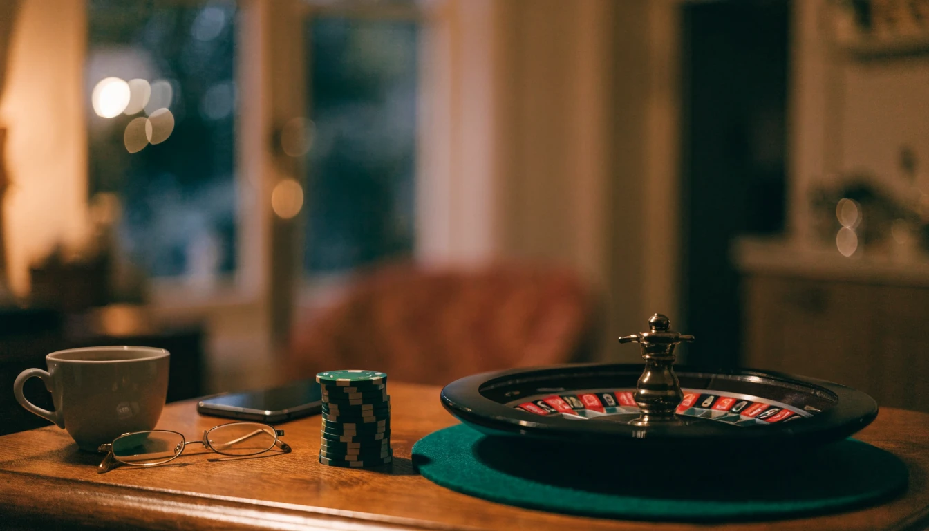 Casinochips en roulettewiel op tafel in een huiskamer