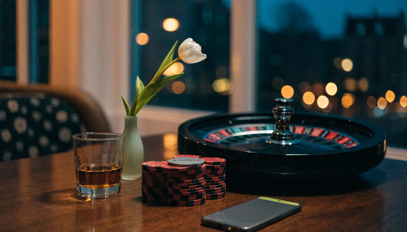 Stijlvolle loungetafel met casinofiches, roulettewiel en een afgekeerde smartphone