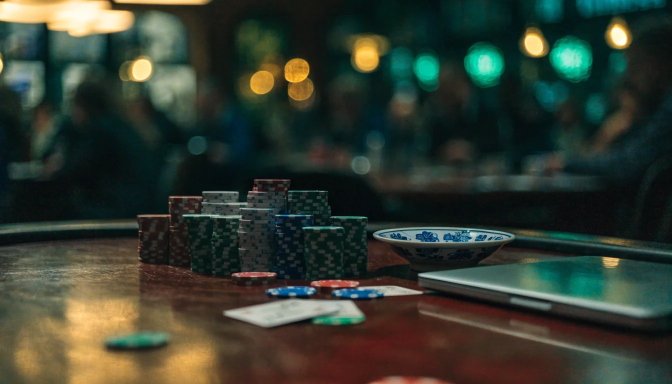Stijlvolle casinotoernooiscène met pokerschijven en kaarten